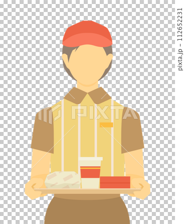 Illustration of a clerk holding a tray at a fast food restaurant 112652231