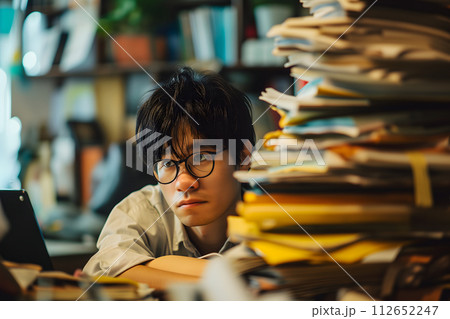 AI-generated content. Asian man in an office, overwhelmed by a mountains of paperwork 112652247