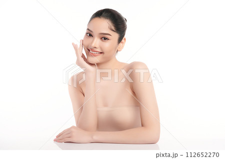 Beautiful young asian woman with clean fresh skin on white background, Face care, Facial treatment, Cosmetology, beauty and spa, Asian women portrait. Beautiful young asian woman with clean fresh skin on white background, Face care, Facial treatment, Cosmetology, beauty and spa, Asian women portrait. 112652270