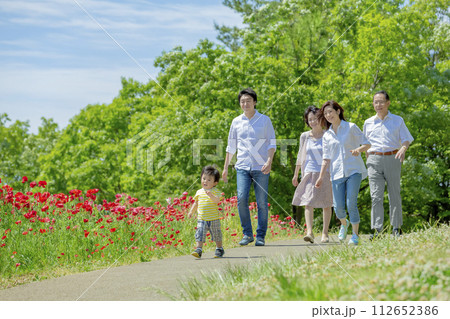 ポピーの咲く公園を歩く3世代家族 ポピーの咲く公園を歩く3世代家族 112652386
