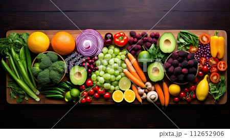 Colorful vegetables and fruits on the table, healthy and wholesome food, AI 112652906