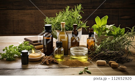 Eco-friendly, natural and nourishing hair care products with plants on the table 112652920