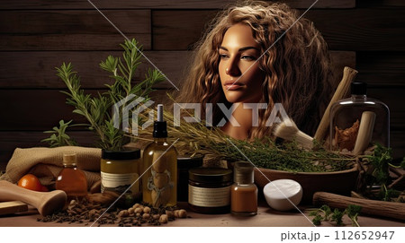 Eco-friendly, natural and nourishing hair care products with plants on the table Eco-friendly, natural and nourishing hair care products with plants on the table 112652947