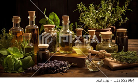 Eco-friendly, natural and nourishing hair care products with plants on the table 112652964