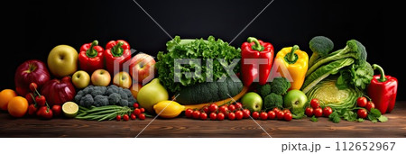 Multicolored, juicy vegetables and fruits on a table, healthy and wholesome food, Healthy Food Concept, Generative AI. 112652967