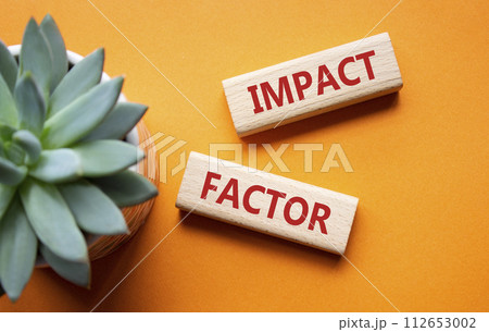 Impact Factor symbol. Wooden blocks with words Impact Factor. Beautiful orange background with succulent plant. Business and Impact Factor concept. Copy space. 112653002