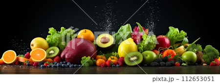 Multicolored, juicy vegetables and fruits on a table, healthy and wholesome food 112653051