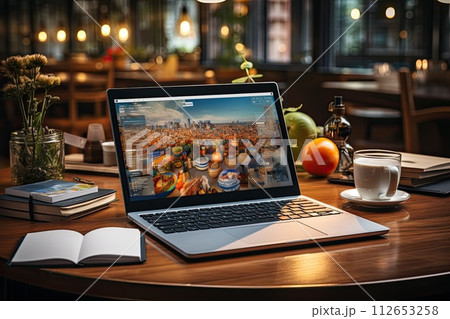 Open laptop on the desk in the office, Workflow on the computer, Generate Ai Open laptop on the desk in the office, Workflow on the computer, Generate Ai 112653258