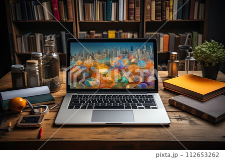 Open laptop on the desk in the office, Workflow on the computer, Generate Ai 112653262