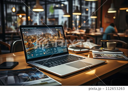 Open laptop on the desk in the office, Workflow on the computer, Generate Ai 112653263