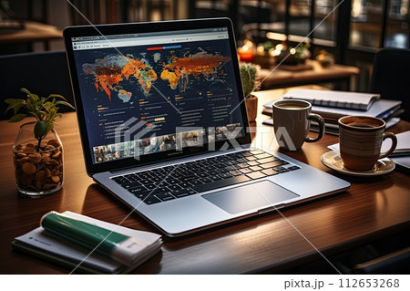 Open laptop on the desk in the office, Workflow on the computer, Generate Ai Open laptop on the desk in the office, Workflow on the computer, Generate Ai 112653268