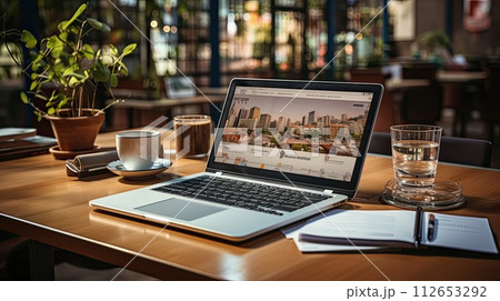 Open laptop on the desk in the office, Workflow on the computer, Generate Ai Open laptop on the desk in the office, Workflow on the computer, Generate Ai 112653292