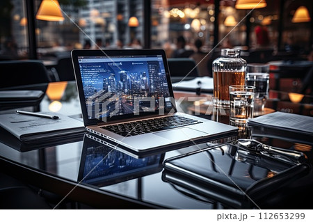 Open laptop on the desk in the office, Workflow on the computer, Generate Ai 112653299