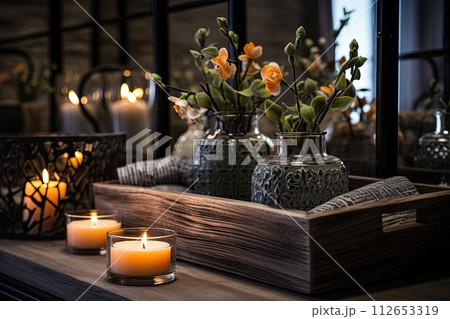 Cozy and modern Bathroom with candle bathtub and sink, beautifully bathroom Cozy and modern Bathroom with candle bathtub and sink, beautifully bathroom 112653319
