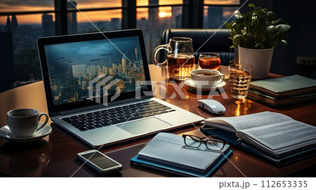 Open laptop on the desk in the office, Workflow on the computer, Generate Ai Open laptop on the desk in the office, Workflow on the computer, Generate Ai 112653335