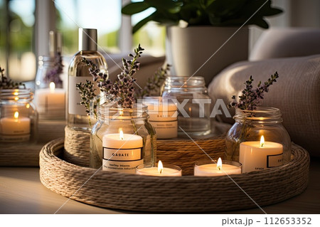 Cozy and modern Bathroom with candle bathtub and sink, beautifully bathroom 112653352
