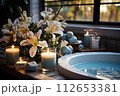 Cozy and modern Bathroom with candle bathtub and sink, beautifully bathroom 112653381
