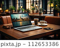 Open laptop on the desk in the office, Workflow on the computer, Generate Ai 112653386