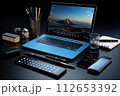 Open laptop on the desk in the office, Workflow on the computer, Generate Ai 112653392