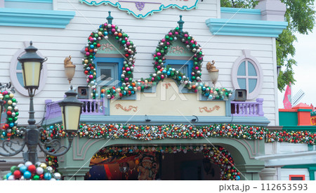 Christmas sign in front shop. Event holiday. 112653593
