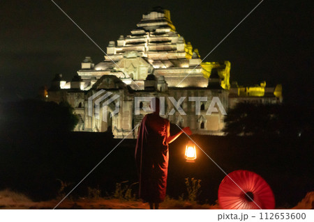 A monk in Burmese temples of Bagan City, Myanmar or Burma. People lifestyle. 112653600
