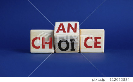 Chance and Choice symbol. Wooden cubes with words Choice and Chance. Beautiful deep blue background. Chance and Choice and business concept. Copy space Chance and Choice symbol. Wooden cubes with words Choice and Chance. Beautiful deep blue background. Chance and Choice and business concept. Copy space 112653884