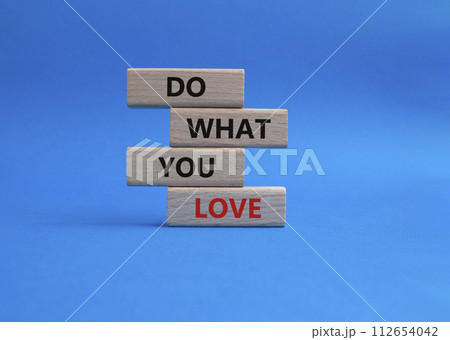 Do what you Love symbol. Concept words Do what you Love on wooden blocks. Beautiful blue background. Business and Do what you Love concept. Copy space 112654042