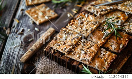 Homemade seed crackers on rustic wooden board. perfect snack food, ideal for healthy lifestyle. close-up, natural light. culinary delight by a food artisan. AI 112654355