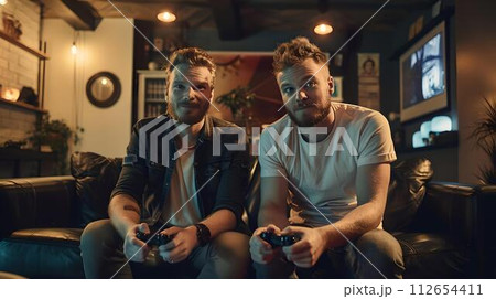 Two friends enjoying a fun video game night at home. casual living room gaming session. relaxed and joyful atmosphere. AI 112654411