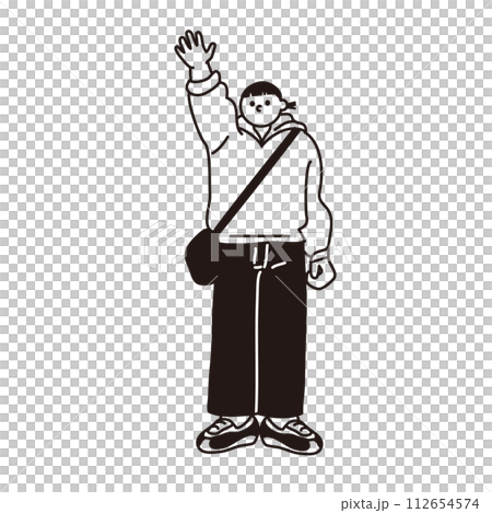Line drawing vector of a woman raising one hand 112654574
