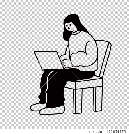 Line drawing vector of a woman sitting on a chair and using a computer Line drawing vector of a woman sitting on a chair and using a computer 112654576