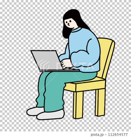 Line drawing vector of a woman sitting on a chair and using a computer Line drawing vector of a woman sitting on a chair and using a computer 112654577