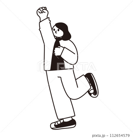 ガッツポーズで喜ぶ女性の線画ベクター 112654579