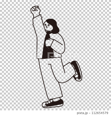 ガッツポーズで喜ぶ女性の線画ベクター 112654579