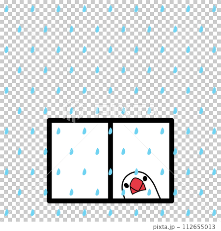 Illustration of a sparrow looking at the rain from the window 112655013