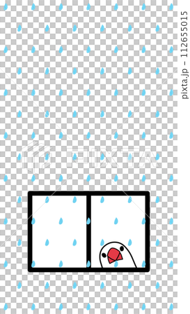 Illustration of a sparrow looking at the rain from the window 112655015