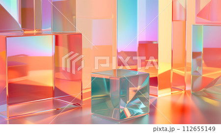 AI-generated content. abstract background of glass cuboids with bright pastel colorful light 112655149