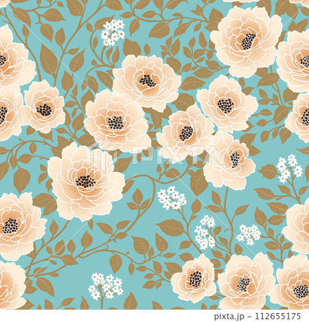 Floral Seamless Pattern of White Flowers and Khaki Green Leaves on Light Blue Backdrop. Wallpaper Design for Printing on Fashion Textile, Fabric, Wrapping Paper, Packaging. 112655175
