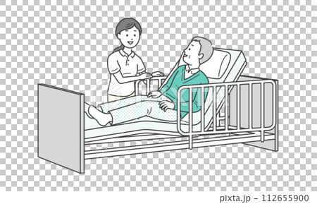 Illustration of an elderly man sleeping in bed and a caregiver assisting him 112655900