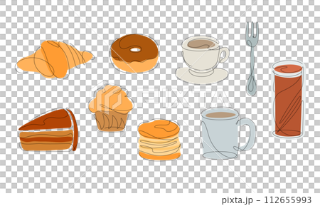 カフェフードとコーヒーのラインアートイラスト 112655993