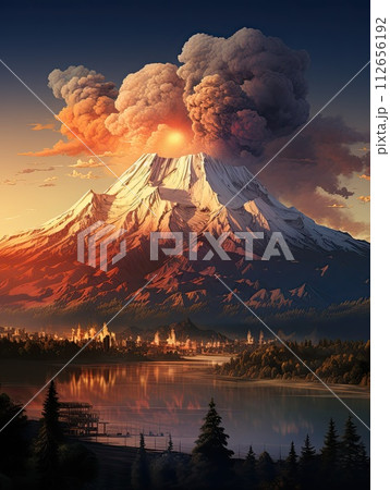 large volcanic eruption with a large release of smoke and ash, at the foot 112656192