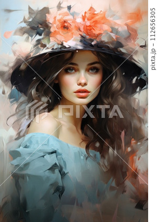 Half-length portrait in painting style of young lady woman with blossom flowers and an elegant hat 112656305