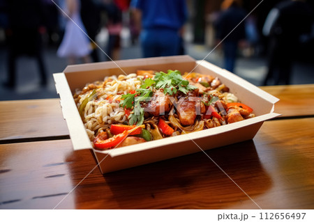 Chinese noodles with chicken and vegetables in cardboard box on table in street eatery, concept fast take-away street food 112656497