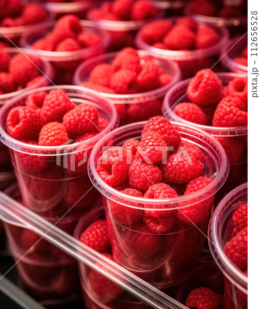 Plastic glass on shelf in supermarket with raspberries ready to take away. Quick, healthy snack from berries in convenient cup 112656528
