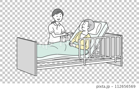 Illustration of an elderly woman sleeping in bed and a caregiver assisting her 112656569