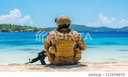 Coastal Reflection, Soldier Resting on the Beach, Confronting Emotional Turmoil of War, Generative AI 112656650