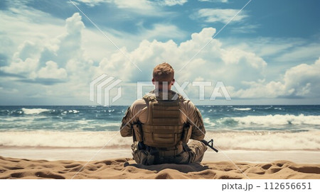 Ocean Solace, Overwhelmed Soldier Resting on a Beach, Reflecting on War's Toll, Generative AI 112656651