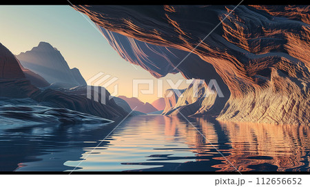 Sunset Serenity, Futuristic Landscape Zen Wallpaper with Cliffs and Water, Generative AI 112656652