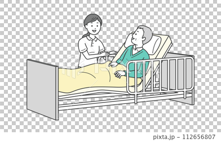 一名老人睡在床上和一名護理人員協助他的插圖 112656807