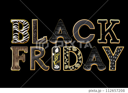 Black Friday sale. Phrase written with a whimsical font consist of a letter in a various fusion style 112657208